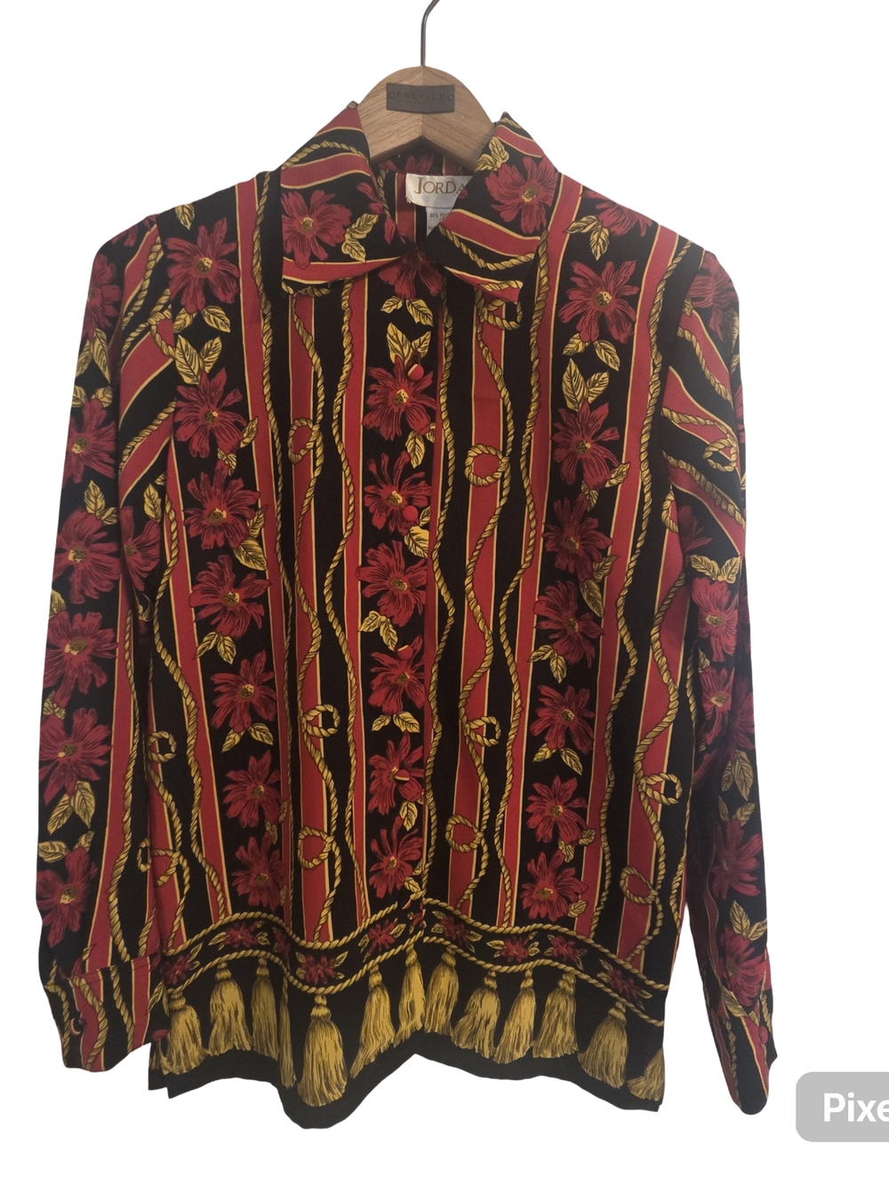 Jordan Black Red and Gold Floral Rope-Print Button Front Long Sleeve Blouse